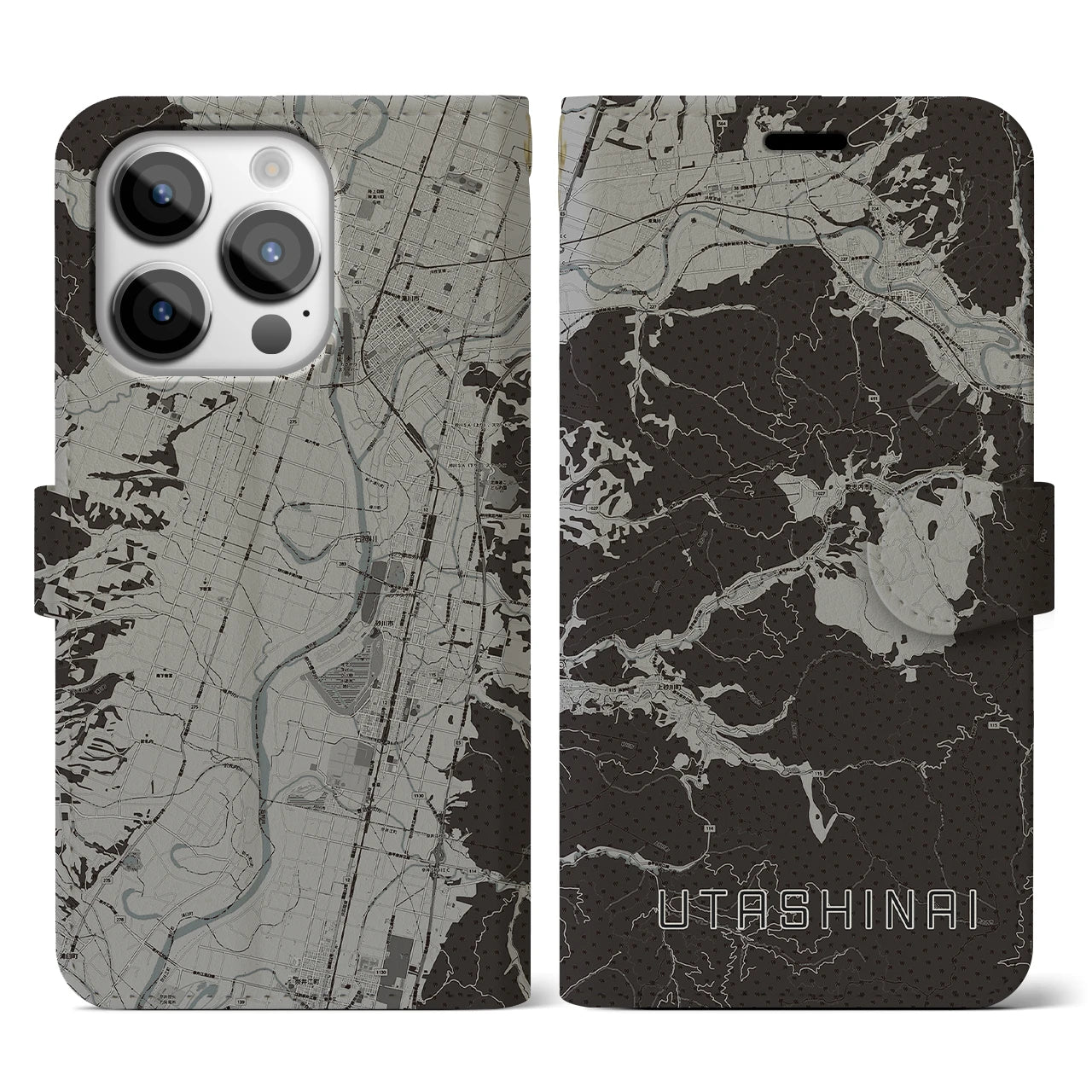 【歌志内(北海道)】地図柄iPhoneケース(手帳タイプ)モノトーン・iPhone 14 Pro 用