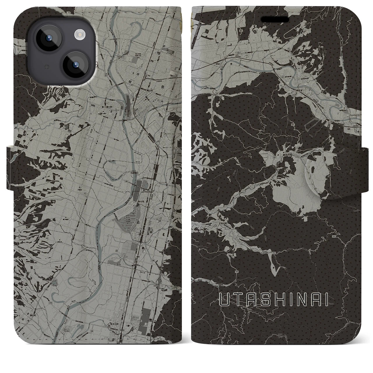 【歌志内(北海道)】地図柄iPhoneケース(手帳タイプ)モノトーン・iPhone 14 Plus 用