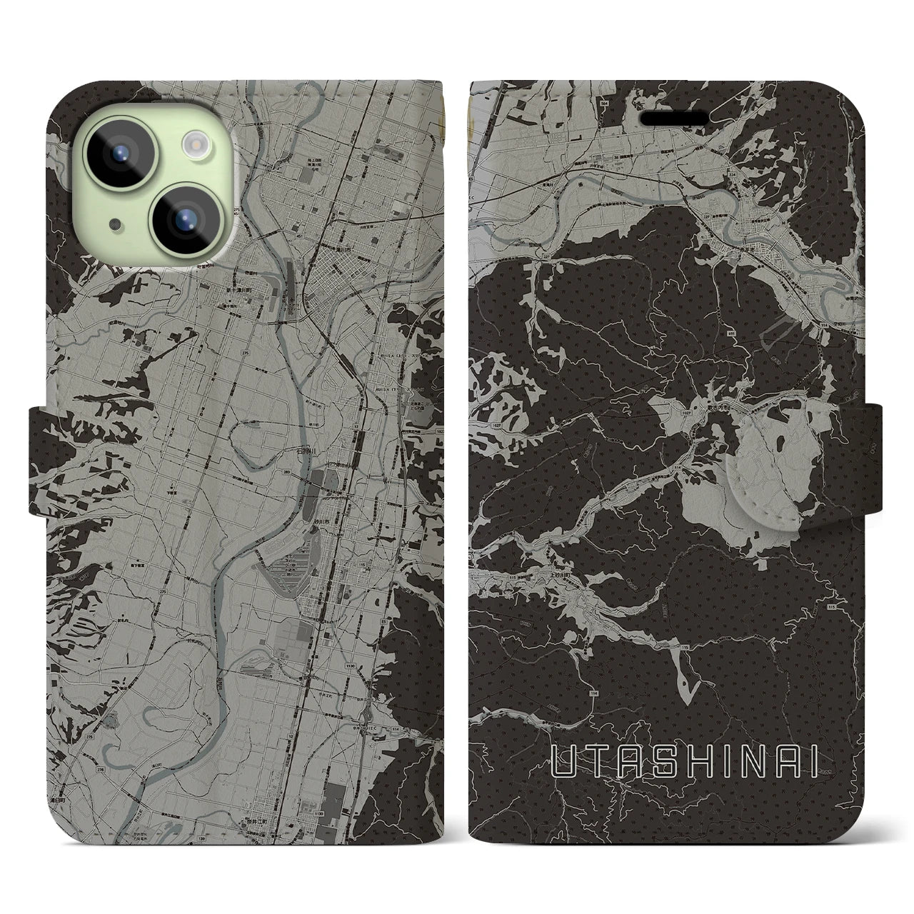 【歌志内(北海道)】地図柄iPhoneケース(手帳タイプ)モノトーン・iPhone 15 用