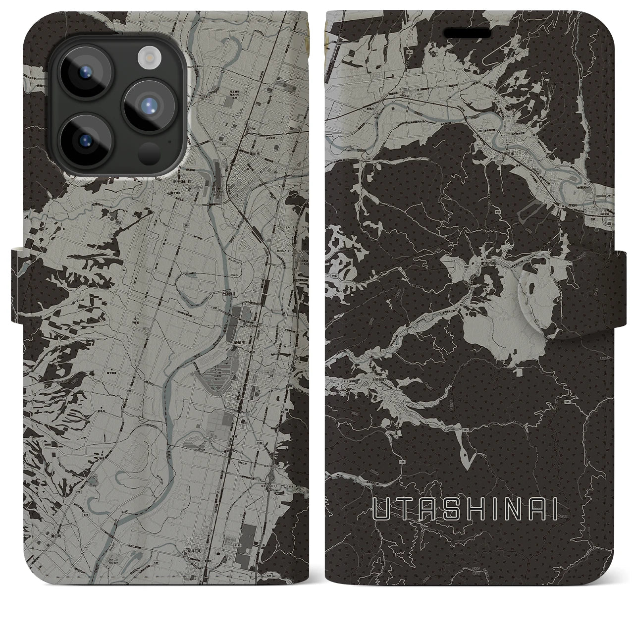 【歌志内(北海道)】地図柄iPhoneケース(手帳タイプ)モノトーン・iPhone 15 Pro Max 用