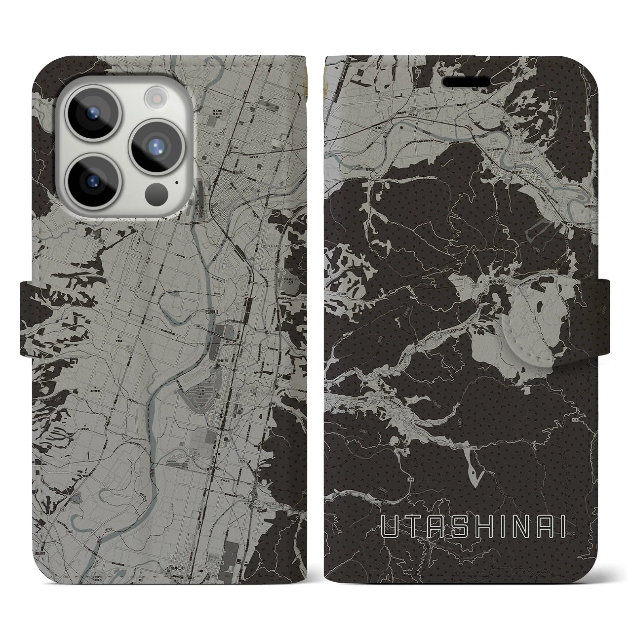 【歌志内(北海道)】地図柄iPhoneケース(手帳タイプ)モノトーン・iPhone 15 Pro 用
