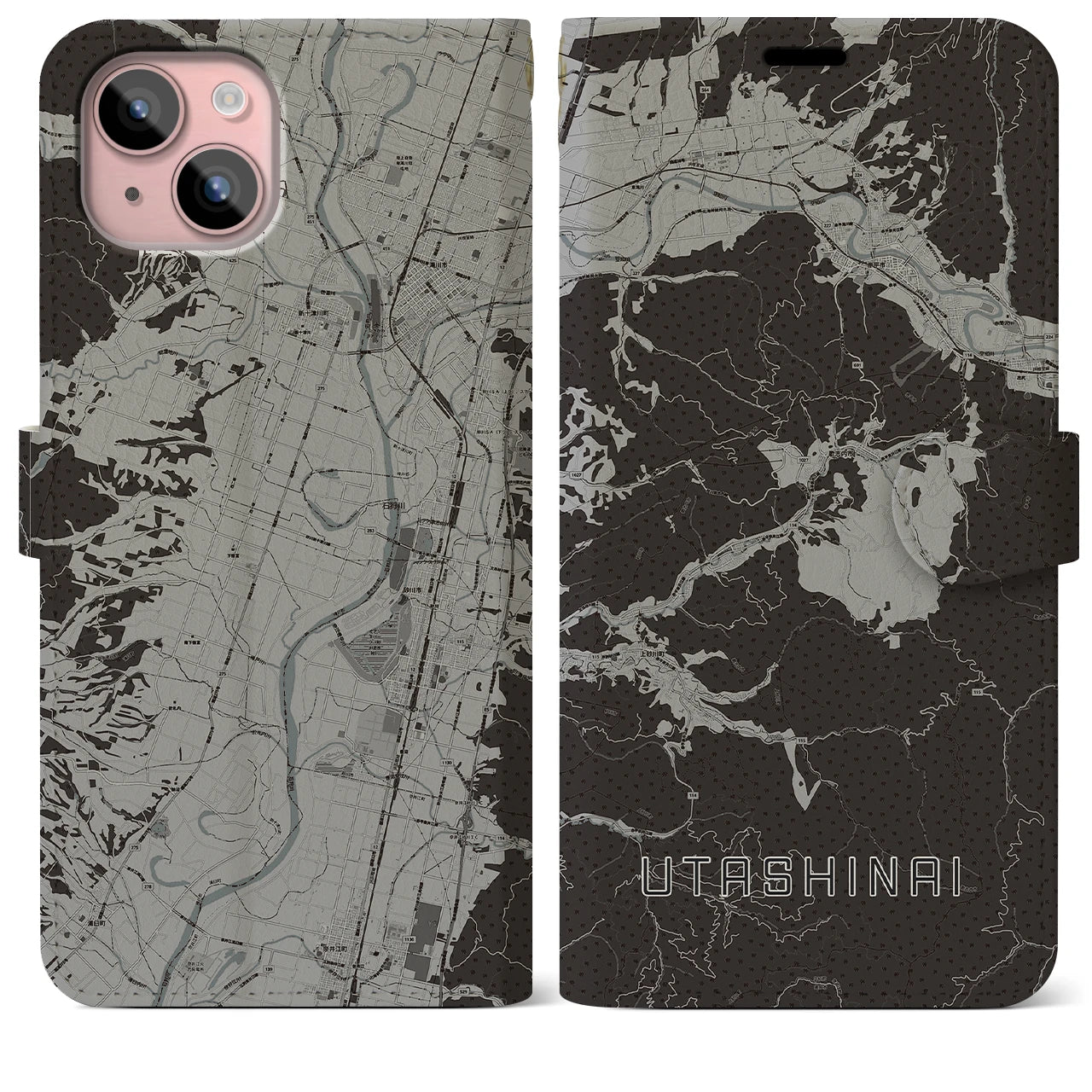 【歌志内(北海道)】地図柄iPhoneケース(手帳タイプ)モノトーン・iPhone 15 Plus 用