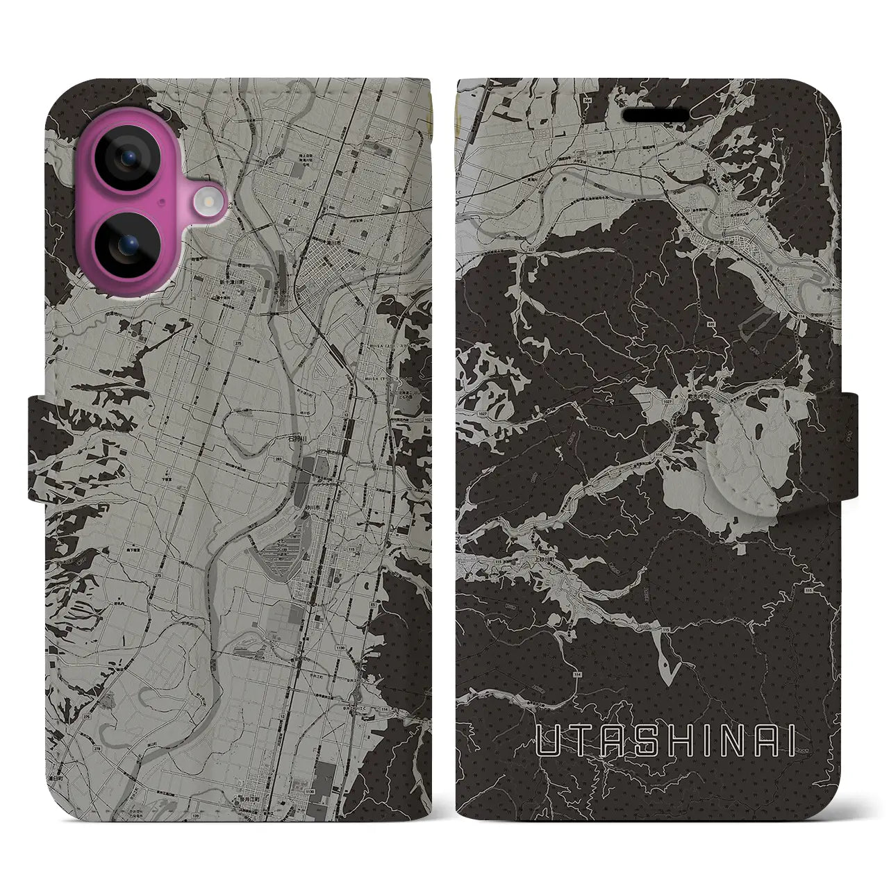 【歌志内(北海道)】地図柄iPhoneケース(手帳タイプ)モノトーン・iPhone 16 Pro 用