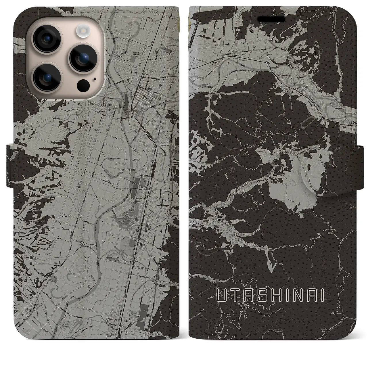 【歌志内(北海道)】地図柄iPhoneケース(手帳タイプ)モノトーン・iPhone 16 Plus 用