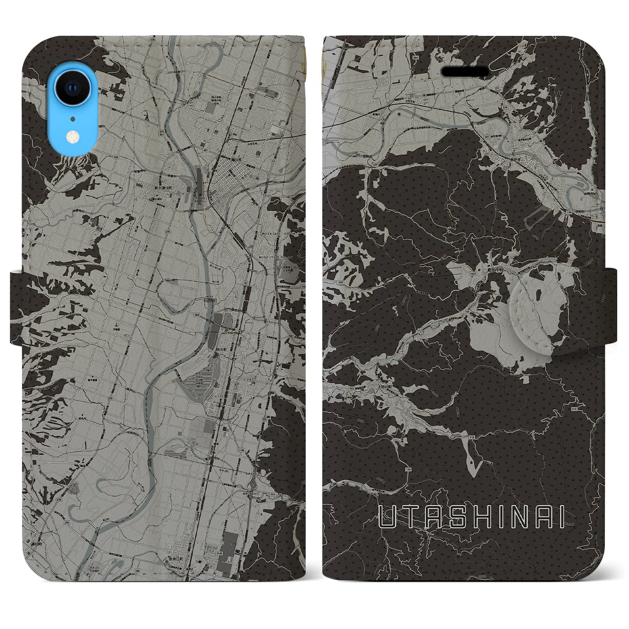 【歌志内(北海道)】地図柄iPhoneケース(手帳タイプ)モノトーン・iPhone XR 用