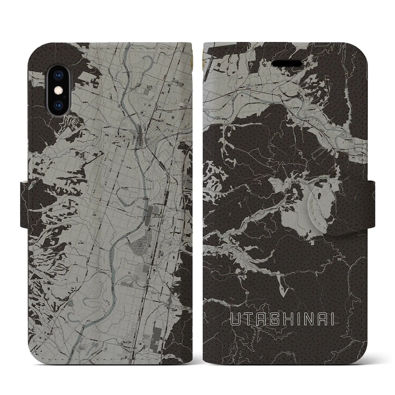【歌志内(北海道)】地図柄iPhoneケース(手帳タイプ)モノトーン・iPhone XS / X 用