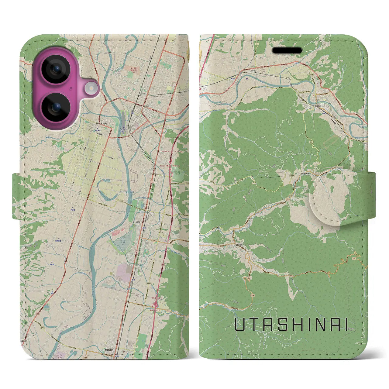 【歌志内(北海道)】地図柄iPhoneケース(手帳タイプ)ナチュラル・iPhone 16 Pro 用