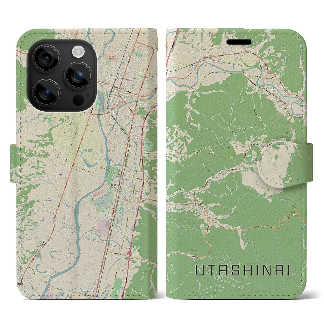 【歌志内(北海道)】地図柄iPhoneケース(手帳タイプ)ナチュラル・iPhone 16 用