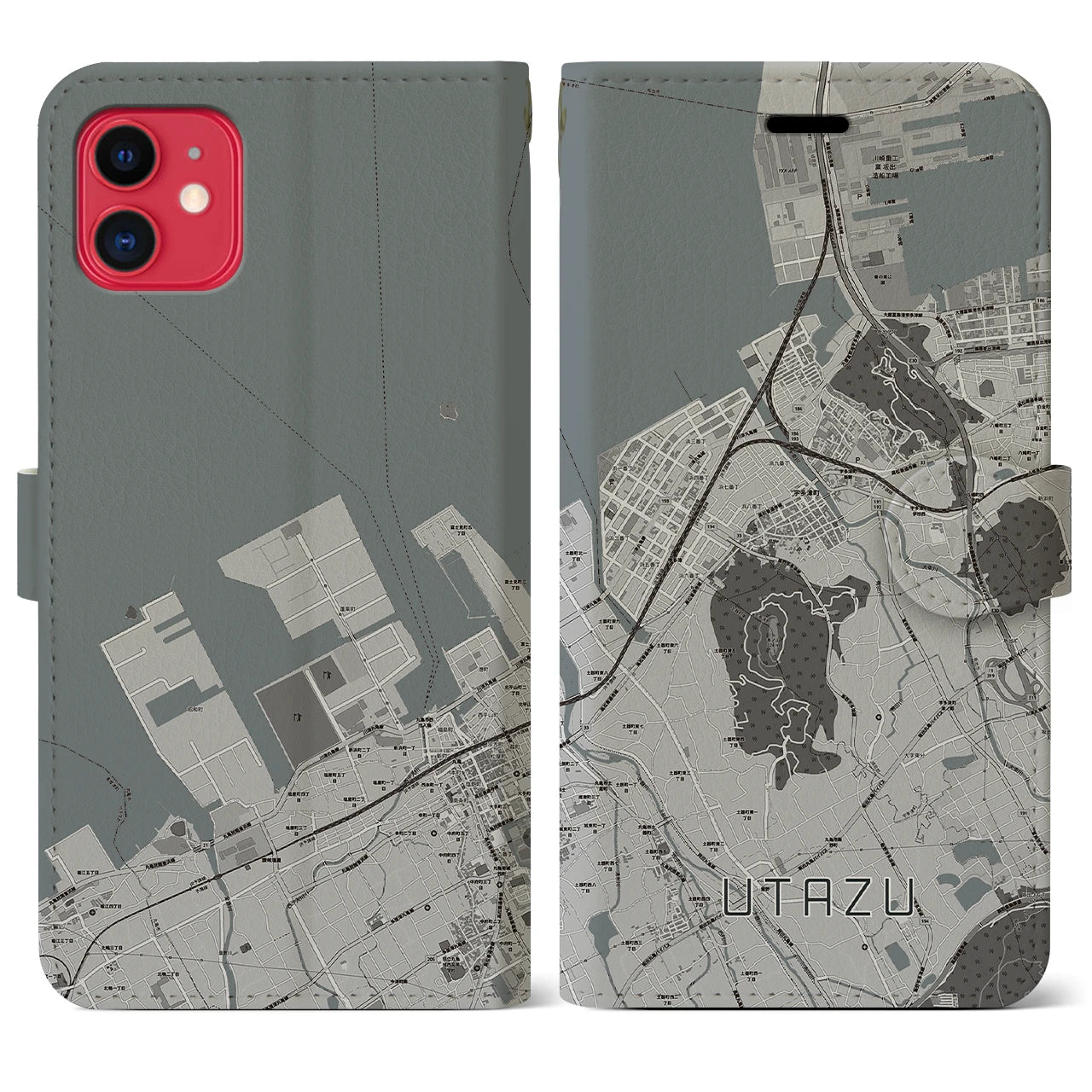 【宇多津(香川県)】地図柄iPhoneケース(手帳タイプ)モノトーン・iPhone 11 用