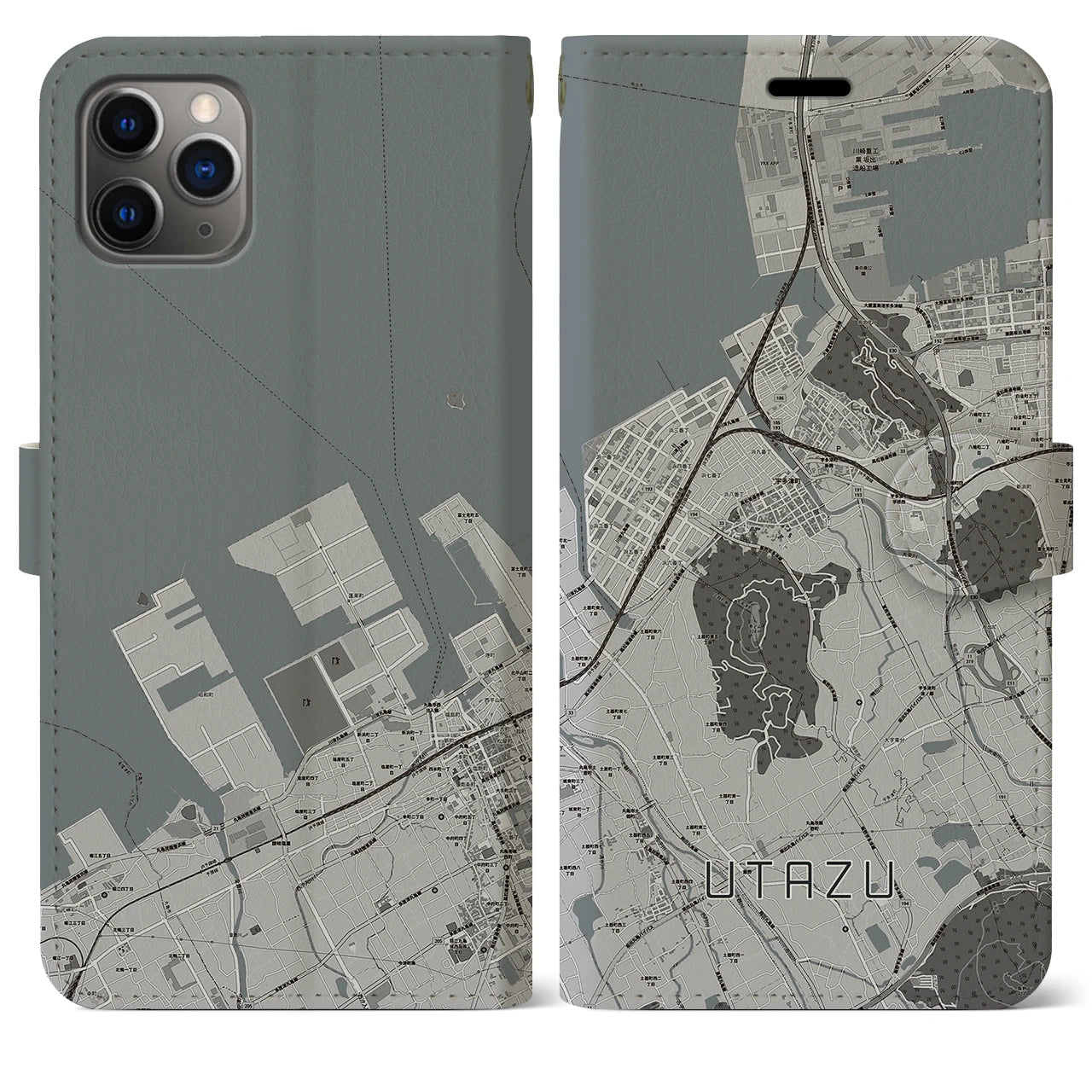 【宇多津(香川県)】地図柄iPhoneケース(手帳タイプ)モノトーン・iPhone 11 Pro Max 用