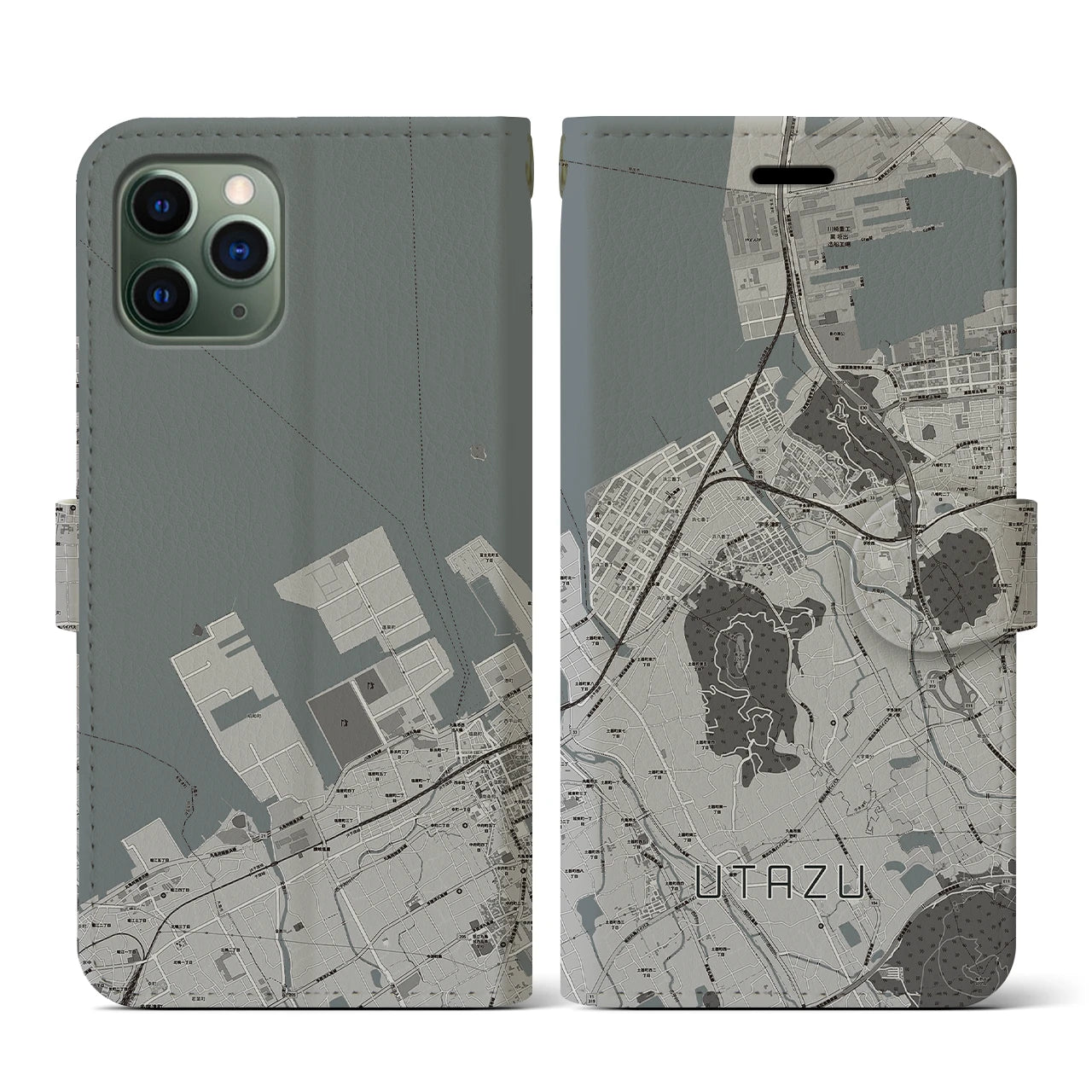 【宇多津(香川県)】地図柄iPhoneケース(手帳タイプ)モノトーン・iPhone 11 Pro 用
