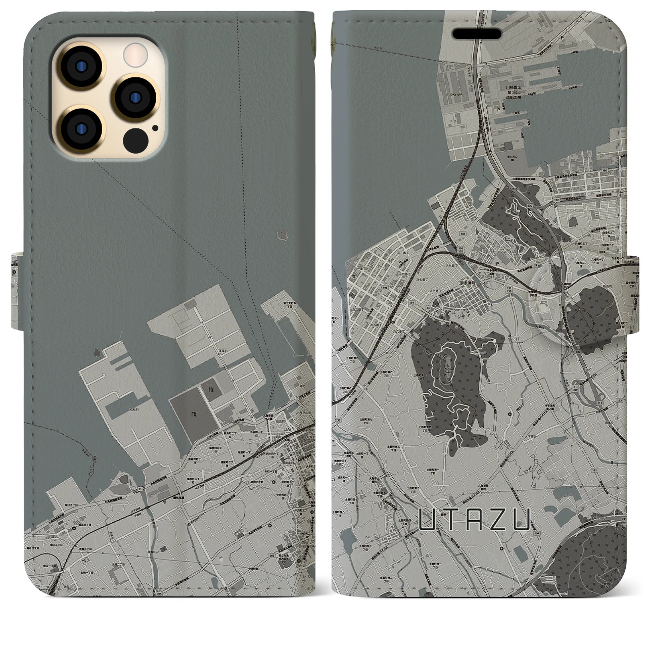 【宇多津(香川県)】地図柄iPhoneケース(手帳タイプ)モノトーン・iPhone 12 Pro Max 用