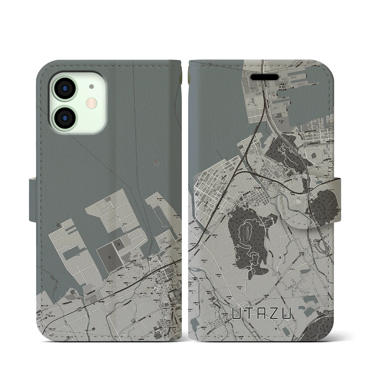 【宇多津(香川県)】地図柄iPhoneケース(手帳タイプ)モノトーン・iPhone 12 mini 用