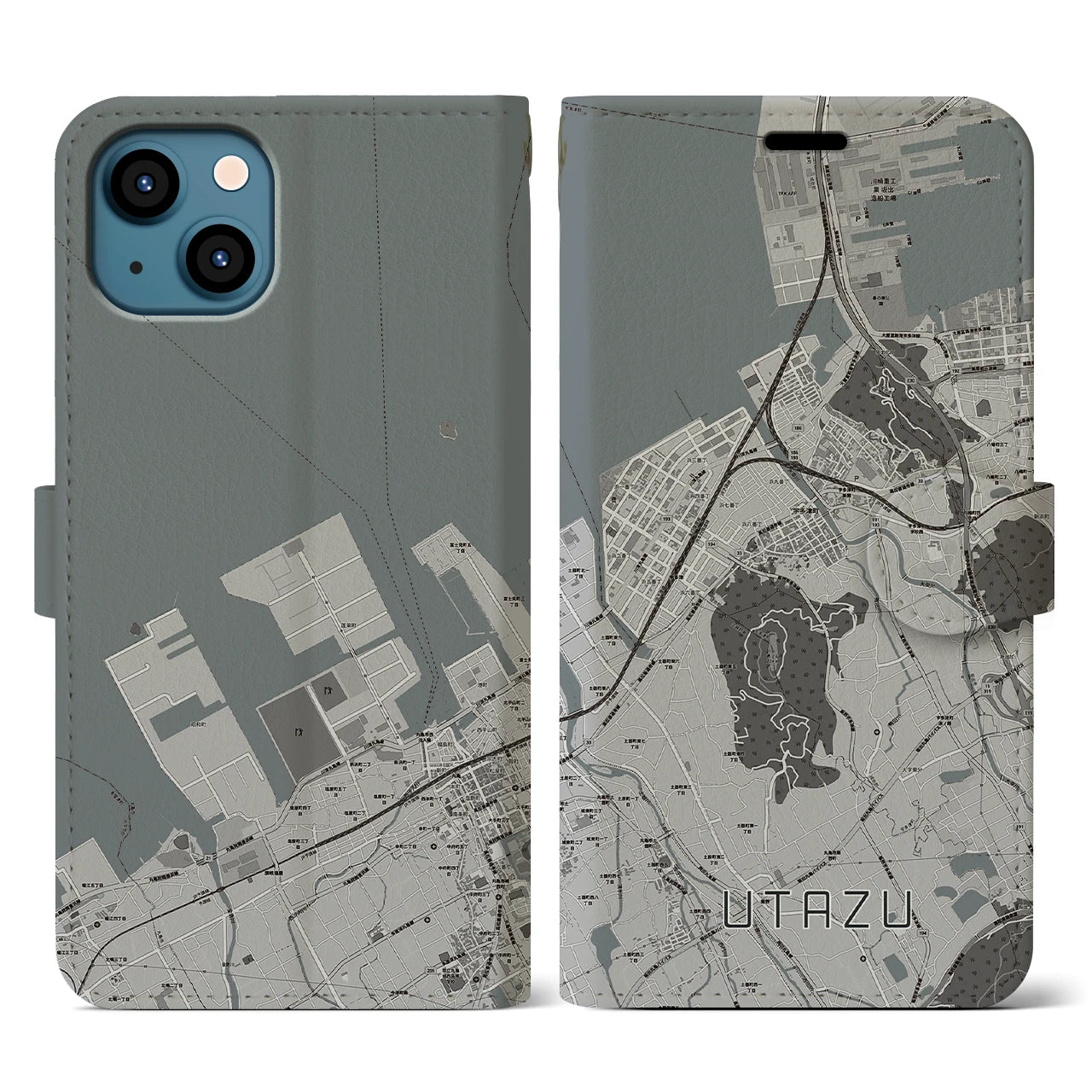 【宇多津(香川県)】地図柄iPhoneケース(手帳タイプ)モノトーン・iPhone 13 用