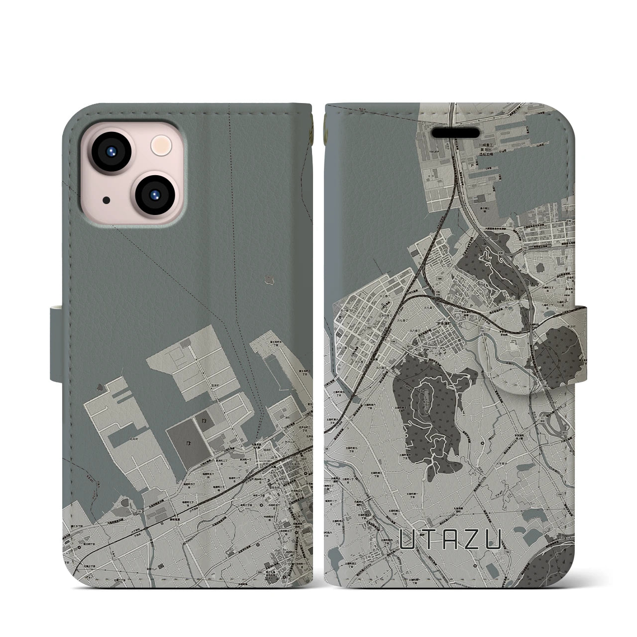 【宇多津(香川県)】地図柄iPhoneケース(手帳タイプ)モノトーン・iPhone 13 mini 用