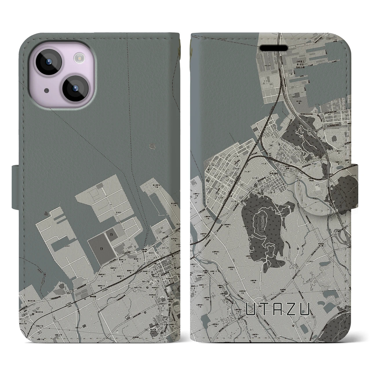 【宇多津(香川県)】地図柄iPhoneケース(手帳タイプ)モノトーン・iPhone 14 用