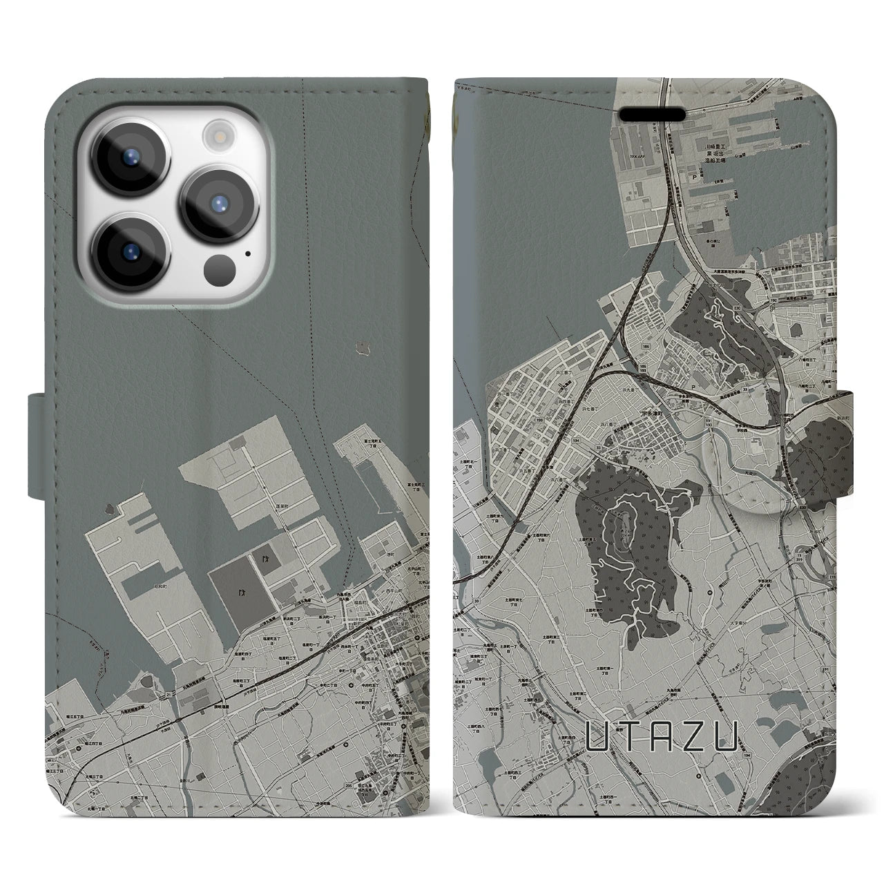 【宇多津(香川県)】地図柄iPhoneケース(手帳タイプ)モノトーン・iPhone 14 Pro 用