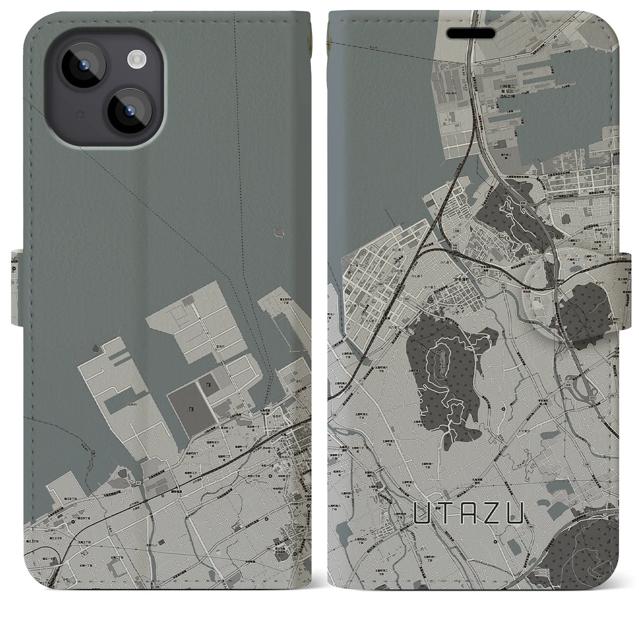 【宇多津(香川県)】地図柄iPhoneケース(手帳タイプ)モノトーン・iPhone 14 Plus 用