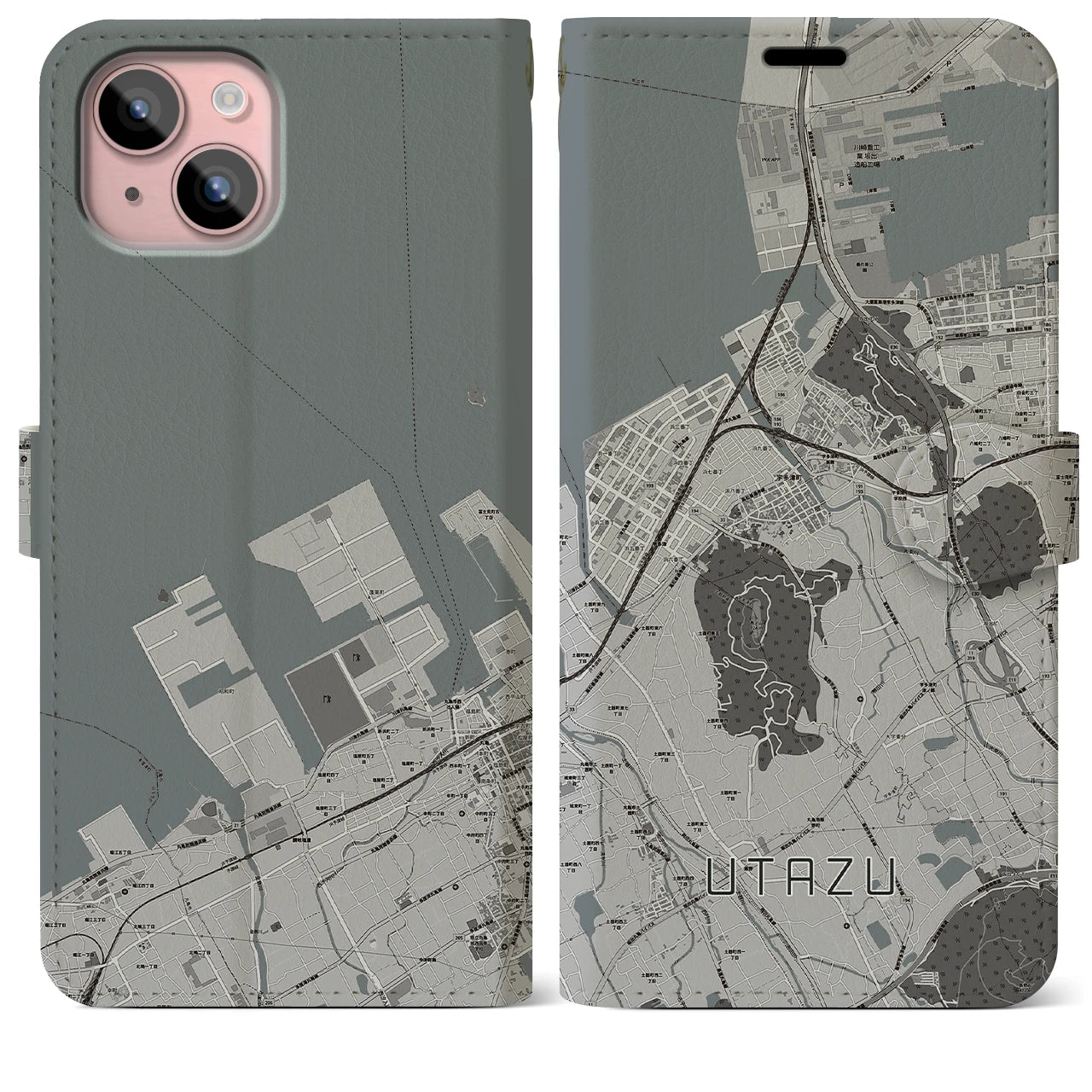 【宇多津(香川県)】地図柄iPhoneケース(手帳タイプ)モノトーン・iPhone 15 Plus 用