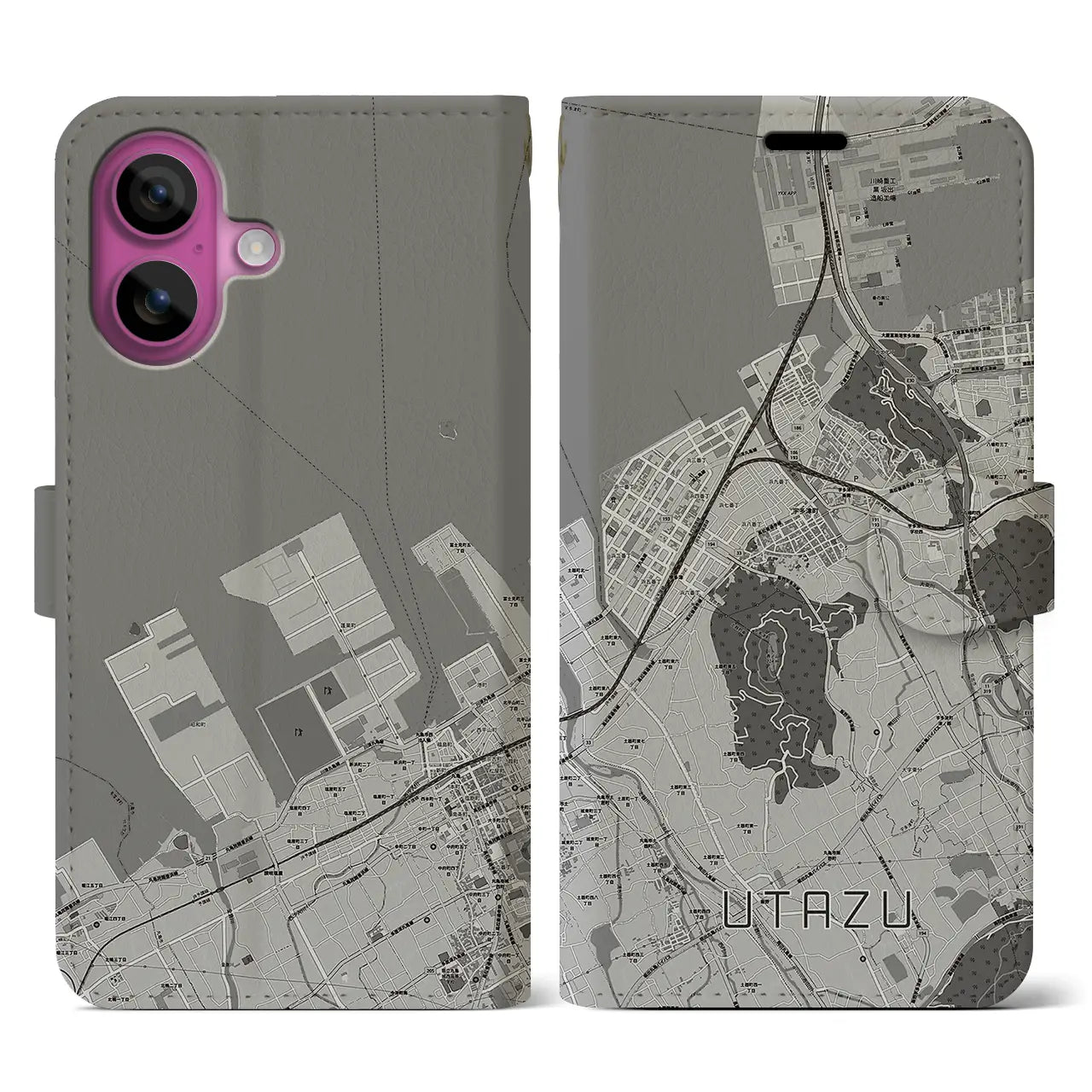 【宇多津(香川県)】地図柄iPhoneケース(手帳タイプ)モノトーン・iPhone 16 Pro 用