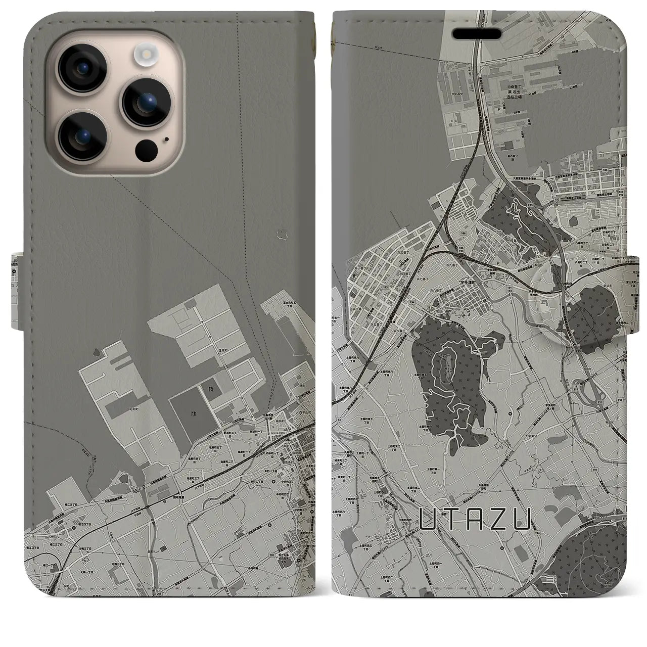 【宇多津(香川県)】地図柄iPhoneケース(手帳タイプ)モノトーン・iPhone 16 Plus 用