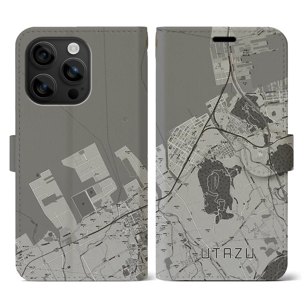 【宇多津(香川県)】地図柄iPhoneケース(手帳タイプ)モノトーン・iPhone 16 用