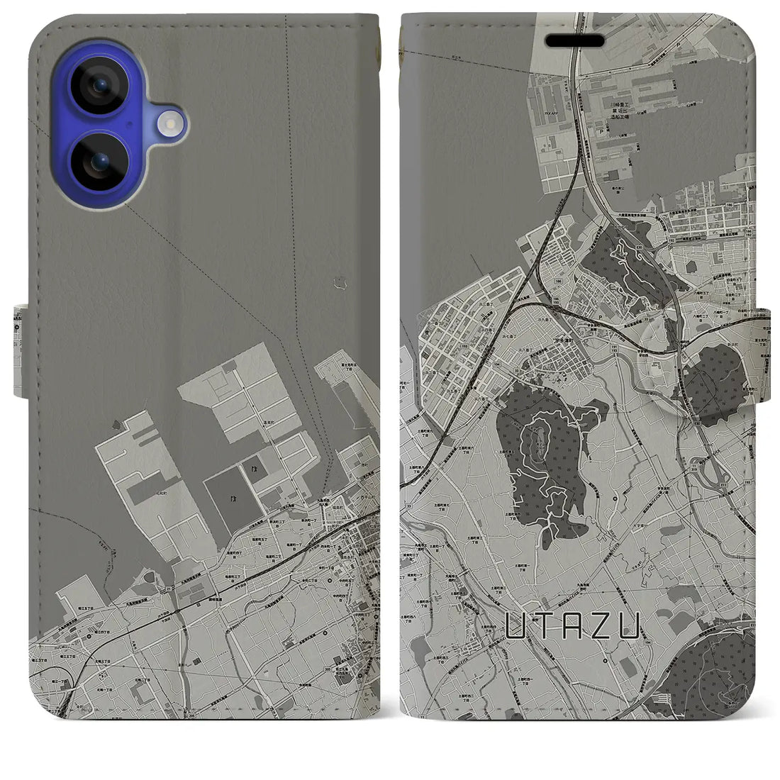 【宇多津(香川県)】地図柄iPhoneケース(手帳タイプ)モノトーン・iPhone 16 Pro Max 用