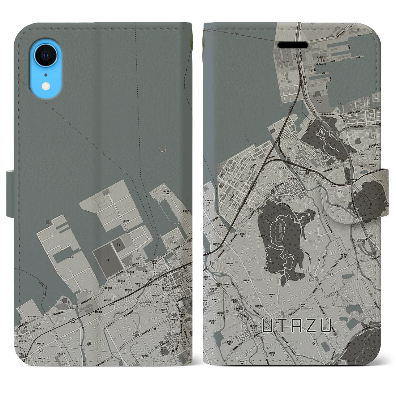 【宇多津(香川県)】地図柄iPhoneケース(手帳タイプ)モノトーン・iPhone XR 用