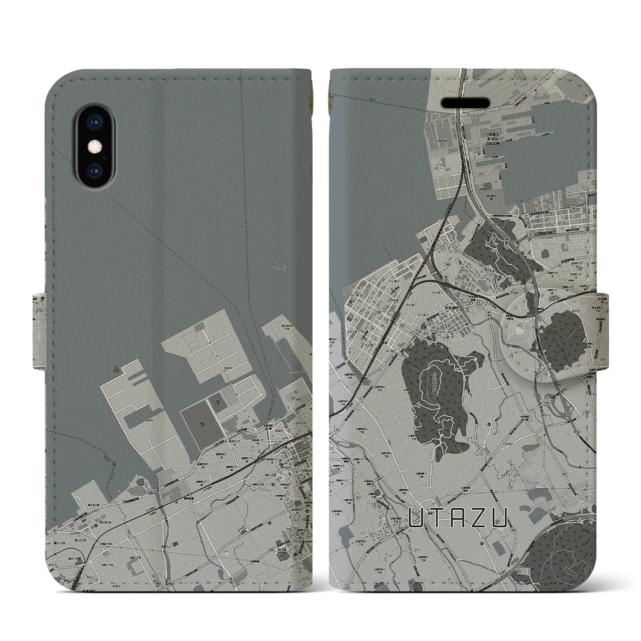 【宇多津(香川県)】地図柄iPhoneケース(手帳タイプ)モノトーン・iPhone XS / X 用
