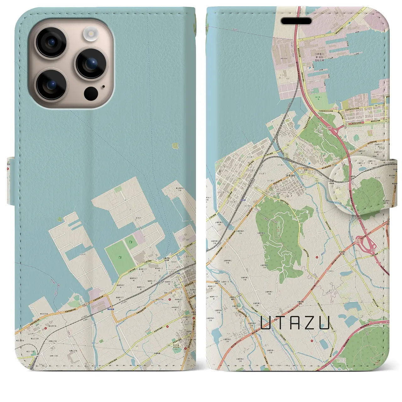 【宇多津(香川県)】地図柄iPhoneケース(手帳タイプ)ナチュラル・iPhone 16 Plus 用