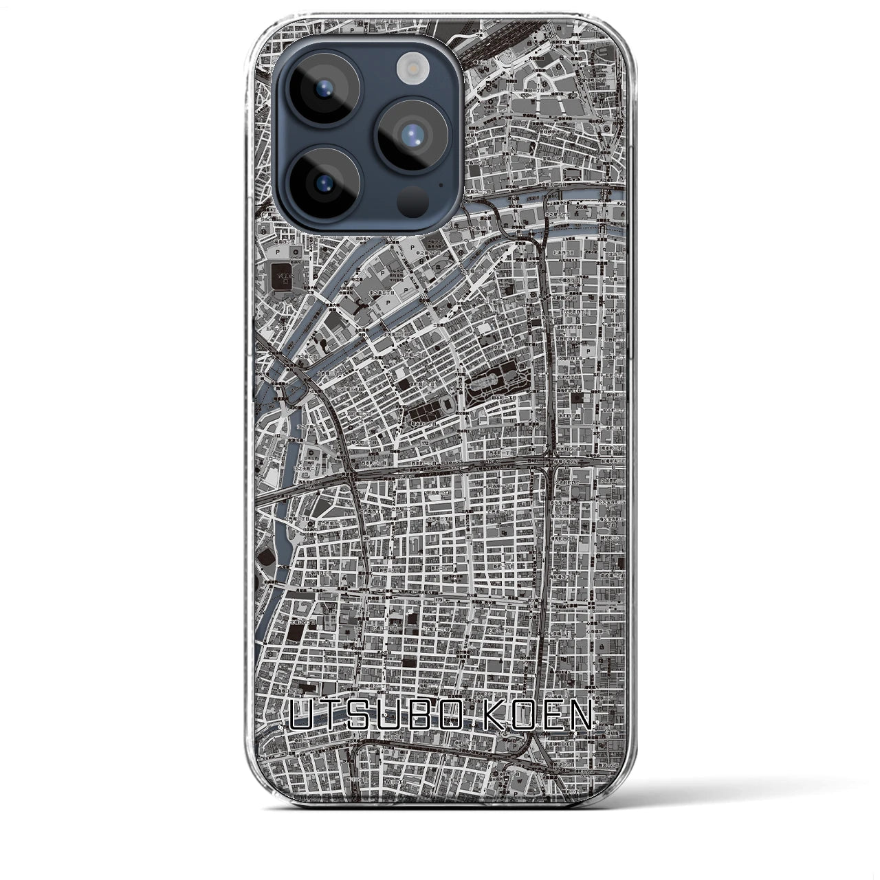 【靱公園(大阪府)】地図柄iPhoneケース(クリアタイプ)モノトーン・iPhone 15 Pro Max 用