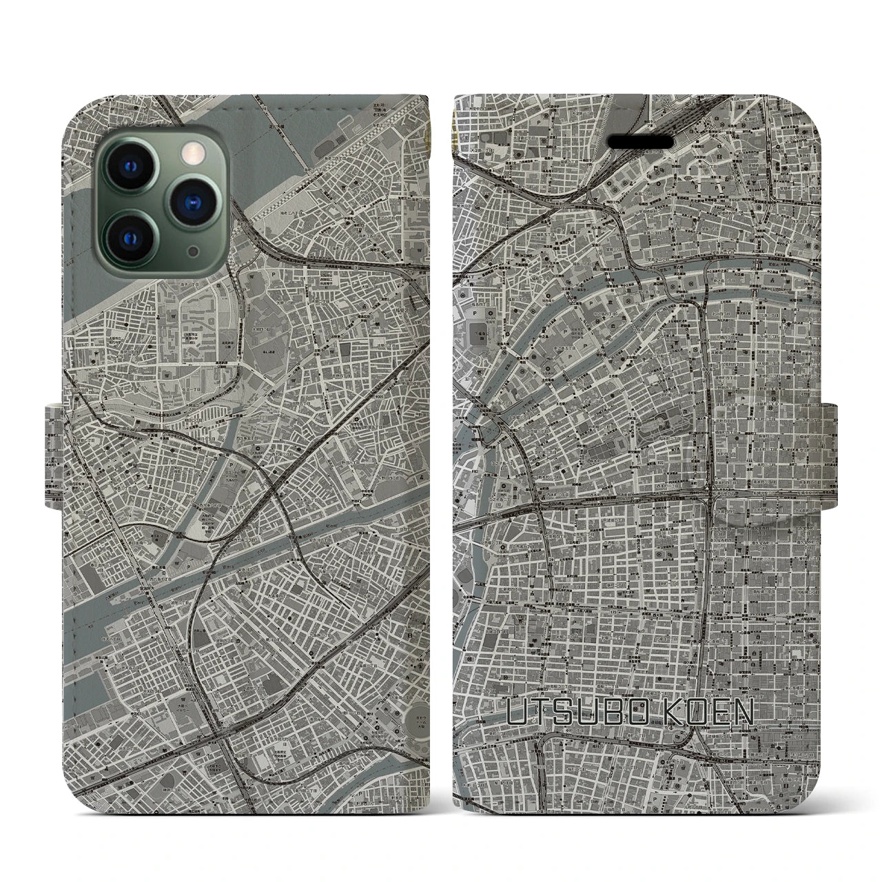 【靱公園(大阪府)】地図柄iPhoneケース(手帳タイプ)モノトーン・iPhone 11 Pro 用
