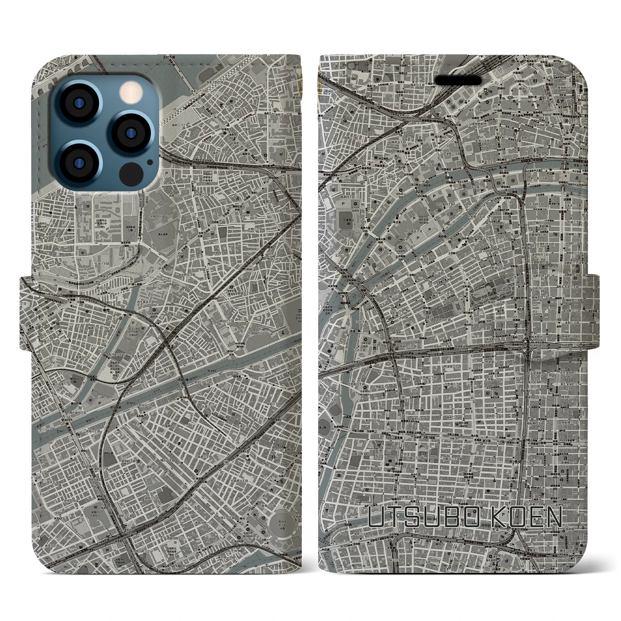 【靱公園(大阪府)】地図柄iPhoneケース(手帳タイプ)モノトーン・iPhone 12 / 12 Pro 用
