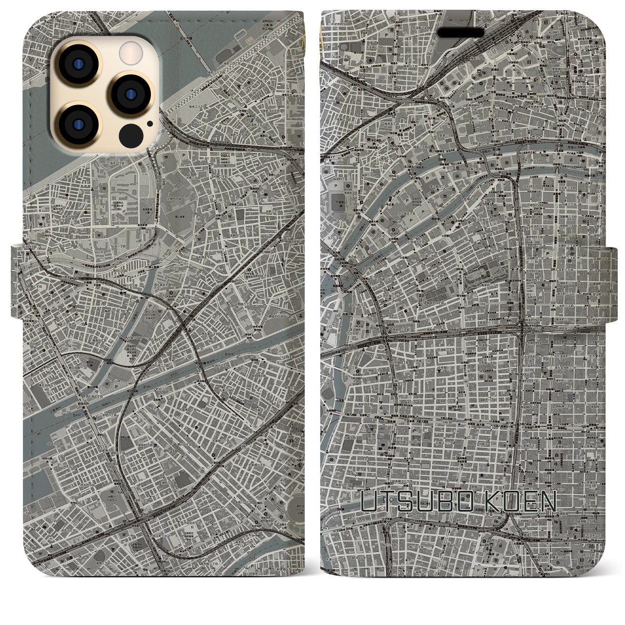 【靱公園(大阪府)】地図柄iPhoneケース(手帳タイプ)モノトーン・iPhone 12 Pro Max 用