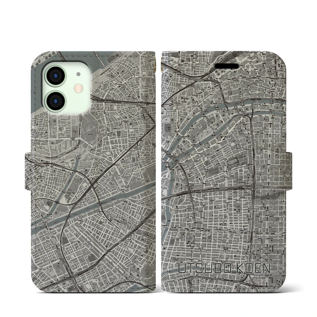 【靱公園(大阪府)】地図柄iPhoneケース(手帳タイプ)モノトーン・iPhone 12 mini 用