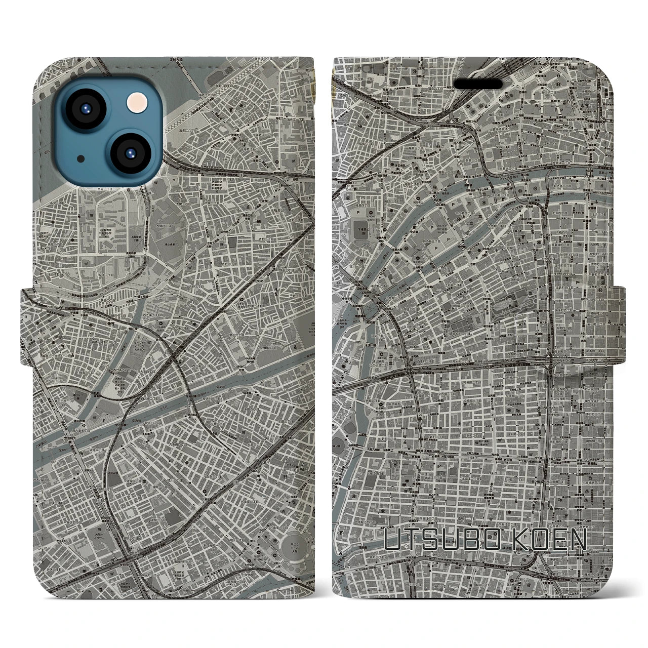 【靱公園(大阪府)】地図柄iPhoneケース(手帳タイプ)モノトーン・iPhone 13 用