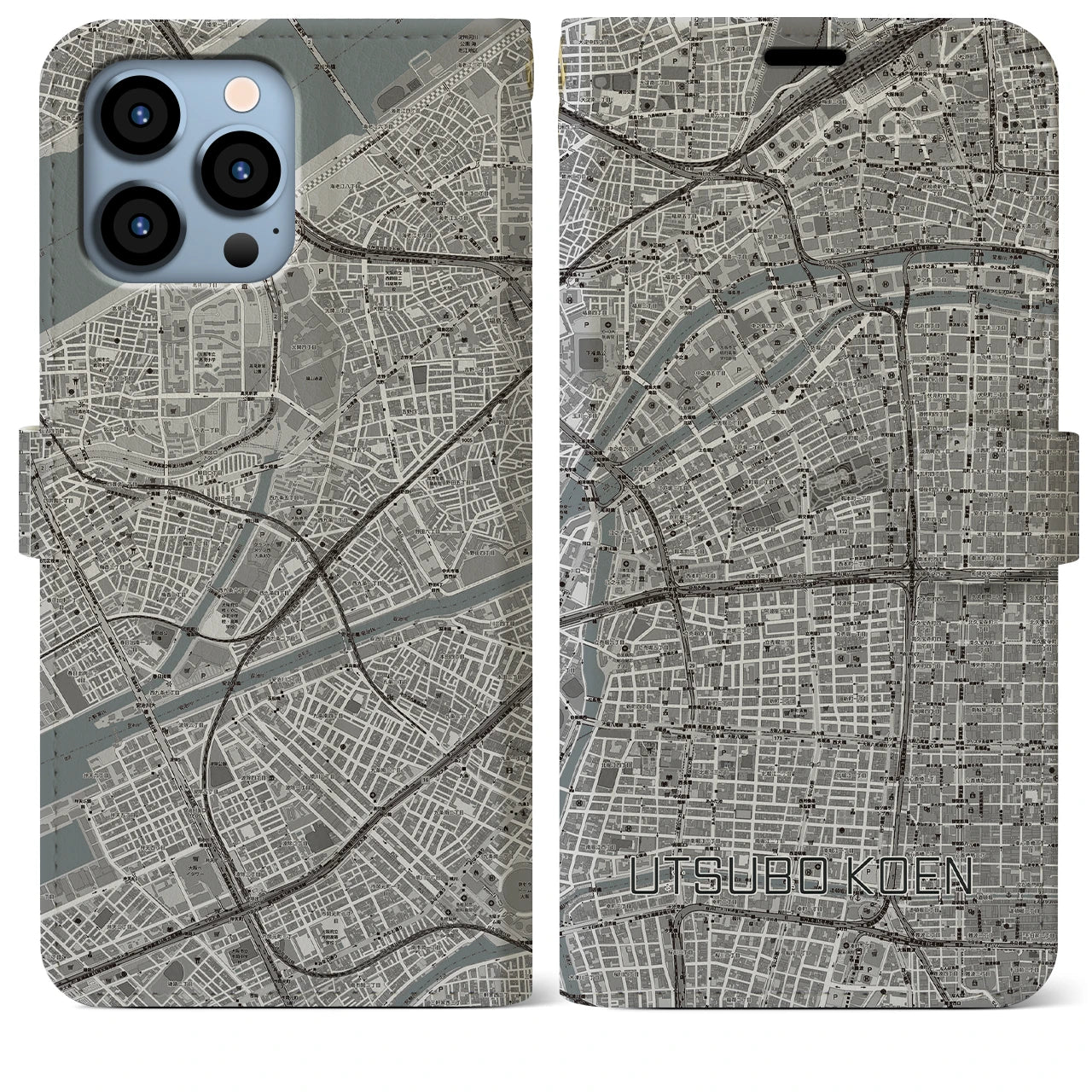 【靱公園(大阪府)】地図柄iPhoneケース(手帳タイプ)モノトーン・iPhone 13 Pro Max 用