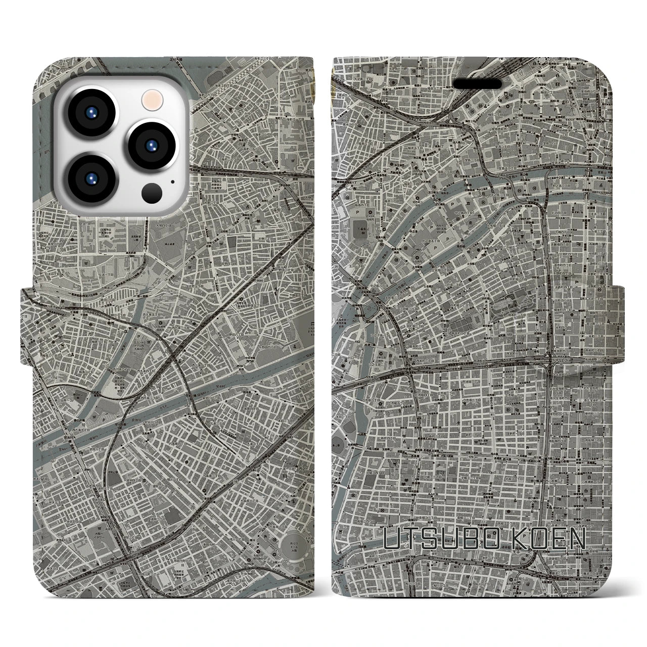 【靱公園(大阪府)】地図柄iPhoneケース(手帳タイプ)モノトーン・iPhone 13 Pro 用