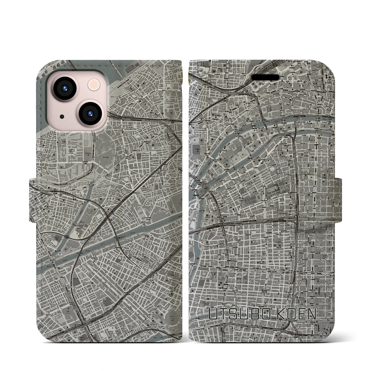 【靱公園(大阪府)】地図柄iPhoneケース(手帳タイプ)モノトーン・iPhone 13 mini 用
