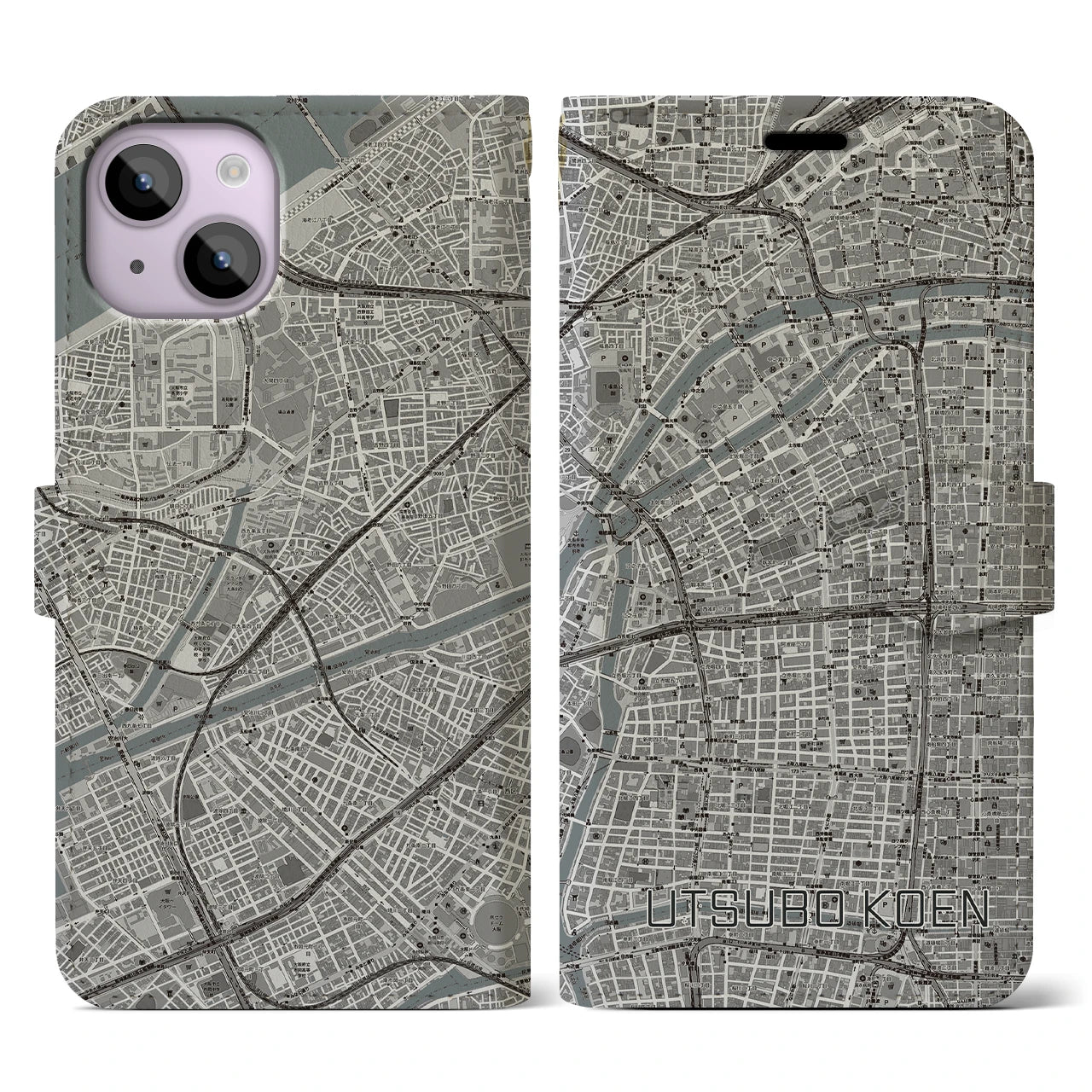【靱公園(大阪府)】地図柄iPhoneケース(手帳タイプ)モノトーン・iPhone 14 用