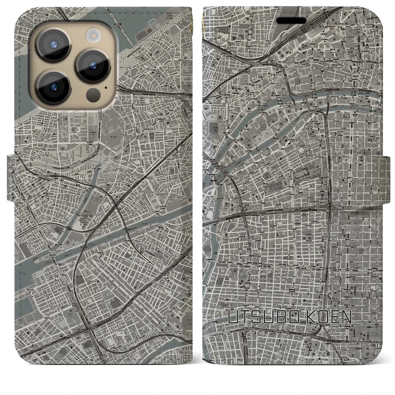 【靱公園(大阪府)】地図柄iPhoneケース(手帳タイプ)モノトーン・iPhone 14 Pro Max 用