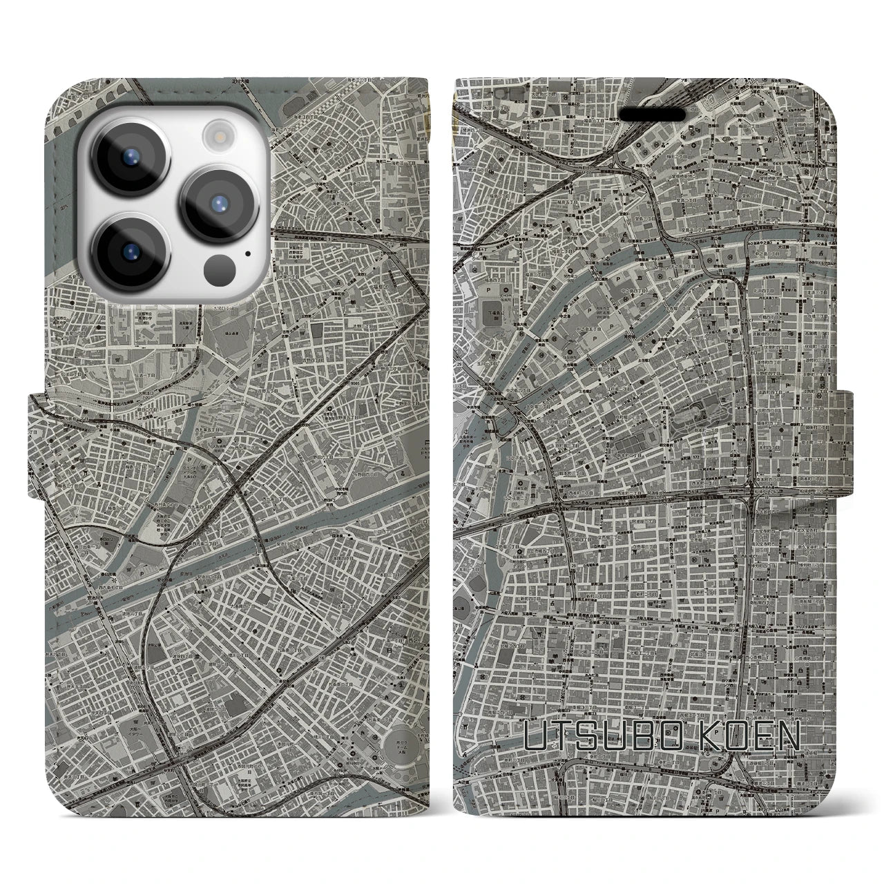 【靱公園(大阪府)】地図柄iPhoneケース(手帳タイプ)モノトーン・iPhone 14 Pro 用