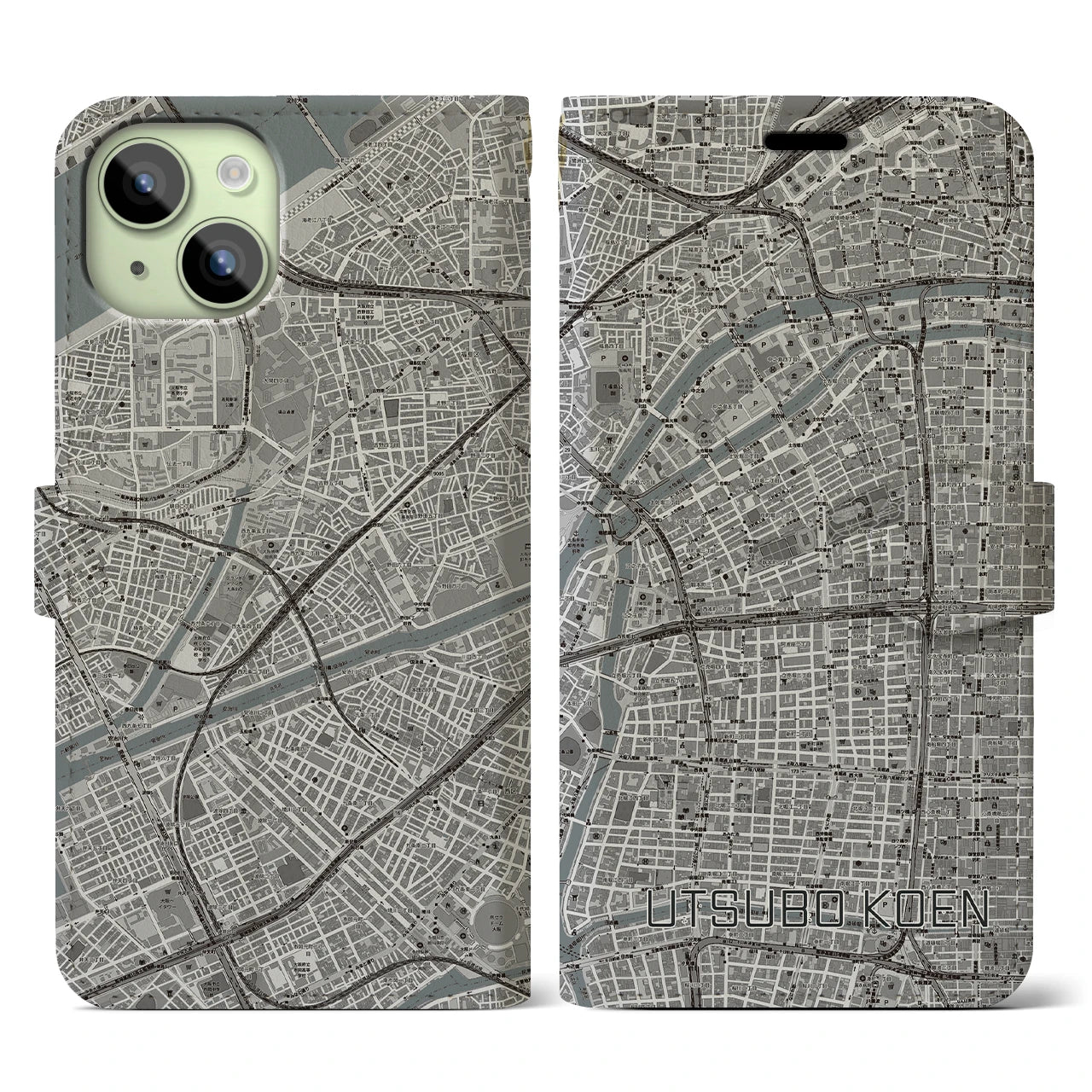 【靱公園(大阪府)】地図柄iPhoneケース(手帳タイプ)モノトーン・iPhone 15 用