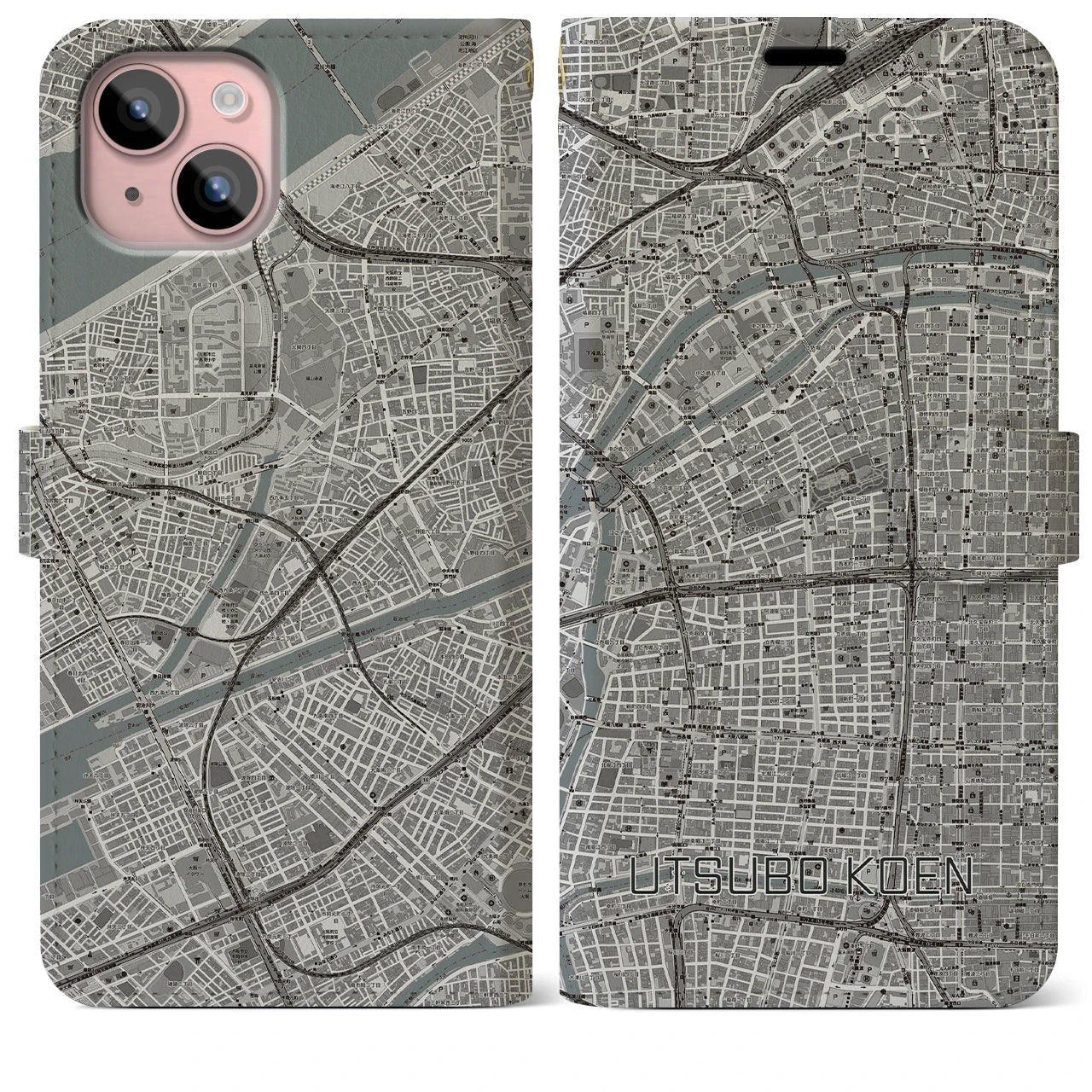 【靱公園(大阪府)】地図柄iPhoneケース(手帳タイプ)モノトーン・iPhone 15 Plus 用