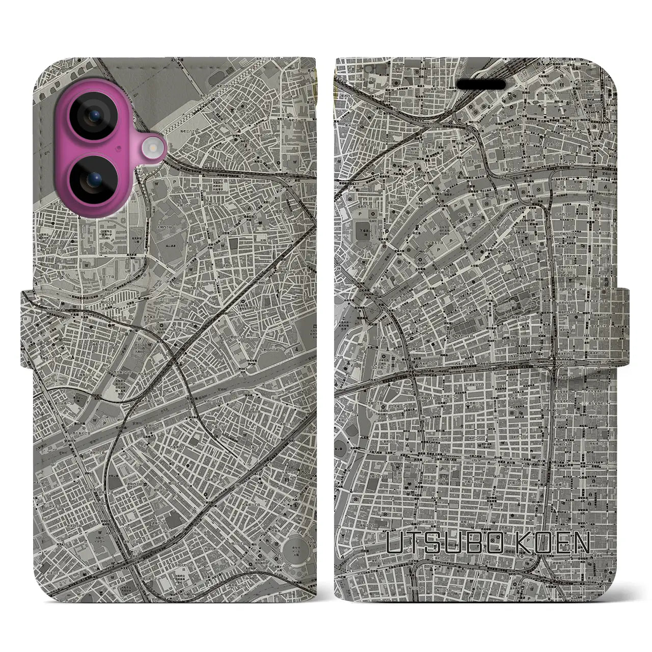 【靱公園(大阪府)】地図柄iPhoneケース(手帳タイプ)モノトーン・iPhone 16 Pro 用