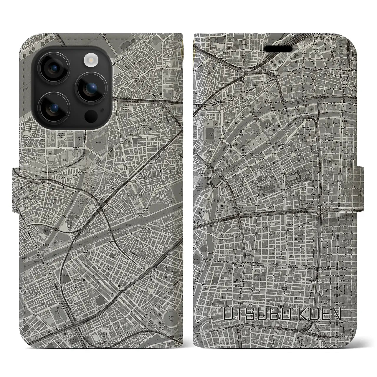 【靱公園(大阪府)】地図柄iPhoneケース(手帳タイプ)モノトーン・iPhone 16 用