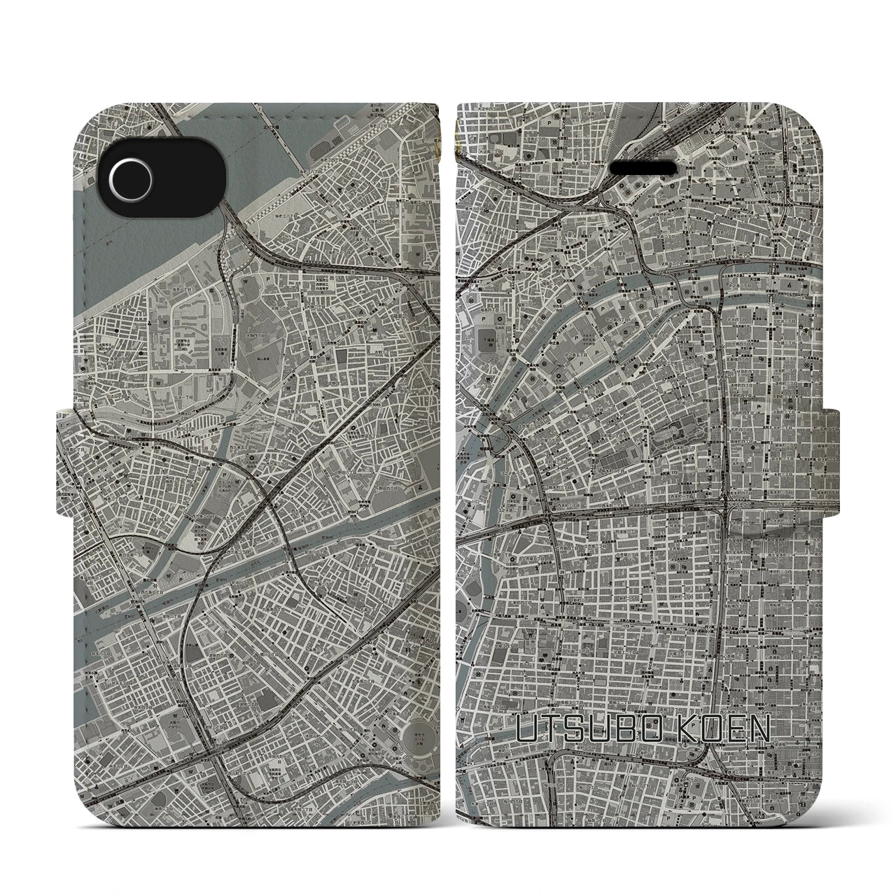 【靱公園(大阪府)】地図柄iPhoneケース(手帳タイプ)モノトーン・iPhone SE(第3 / 第2世代) / 8 / 7 / 6s / 6 用