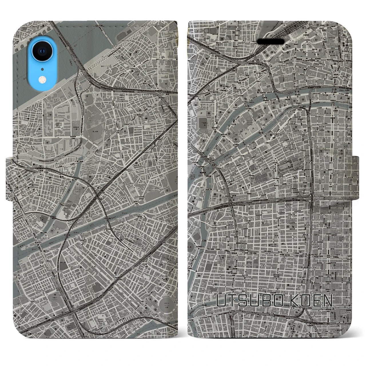 【靱公園(大阪府)】地図柄iPhoneケース(手帳タイプ)モノトーン・iPhone XR 用
