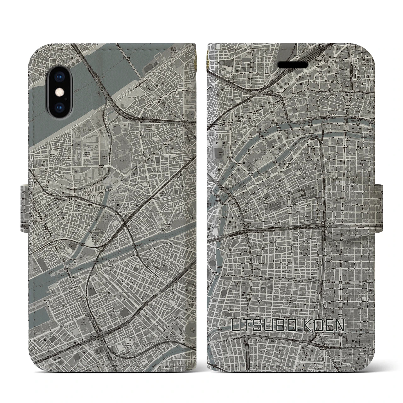 【靱公園(大阪府)】地図柄iPhoneケース(手帳タイプ)モノトーン・iPhone XS / X 用