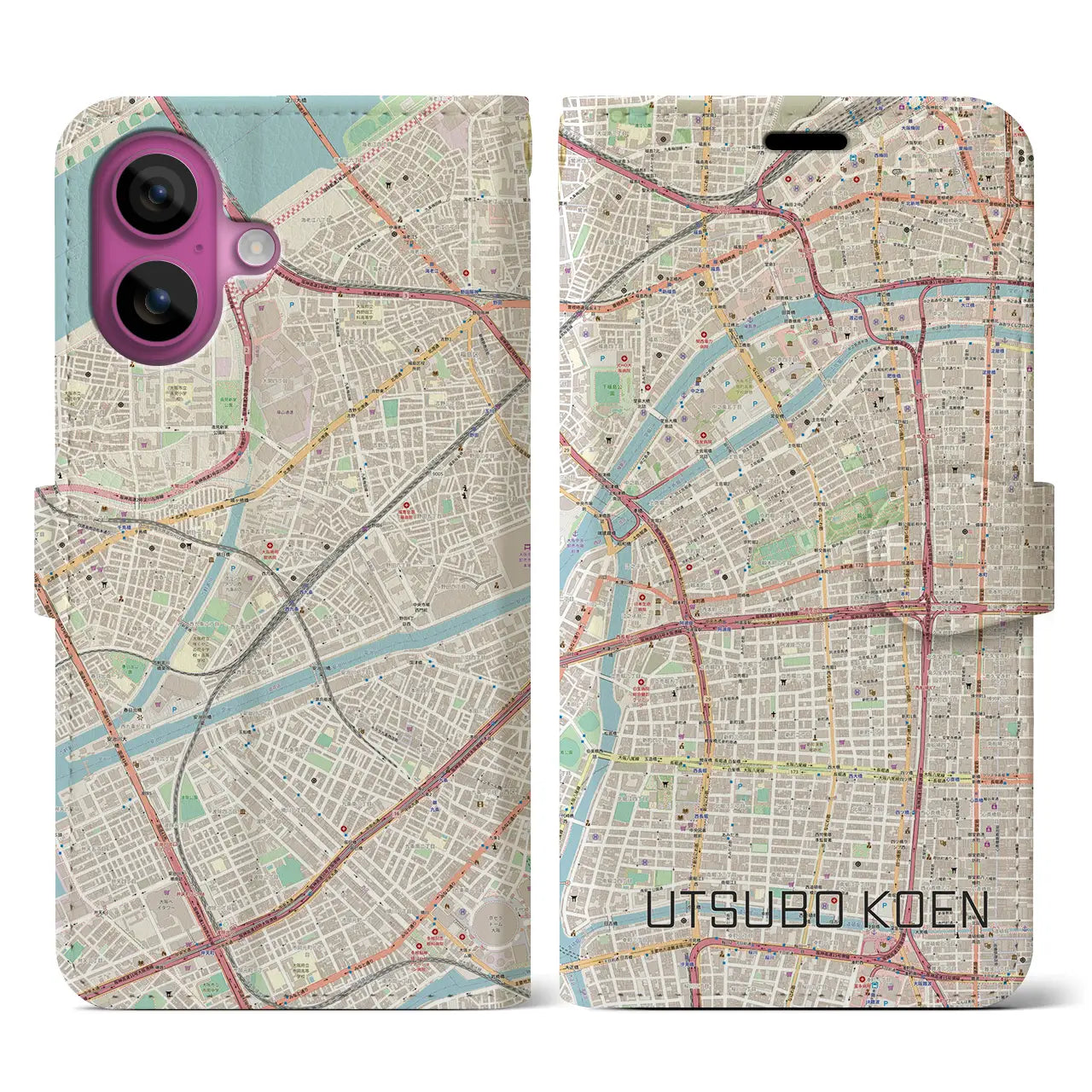 【靱公園(大阪府)】地図柄iPhoneケース(手帳タイプ)ナチュラル・iPhone 16 Pro 用